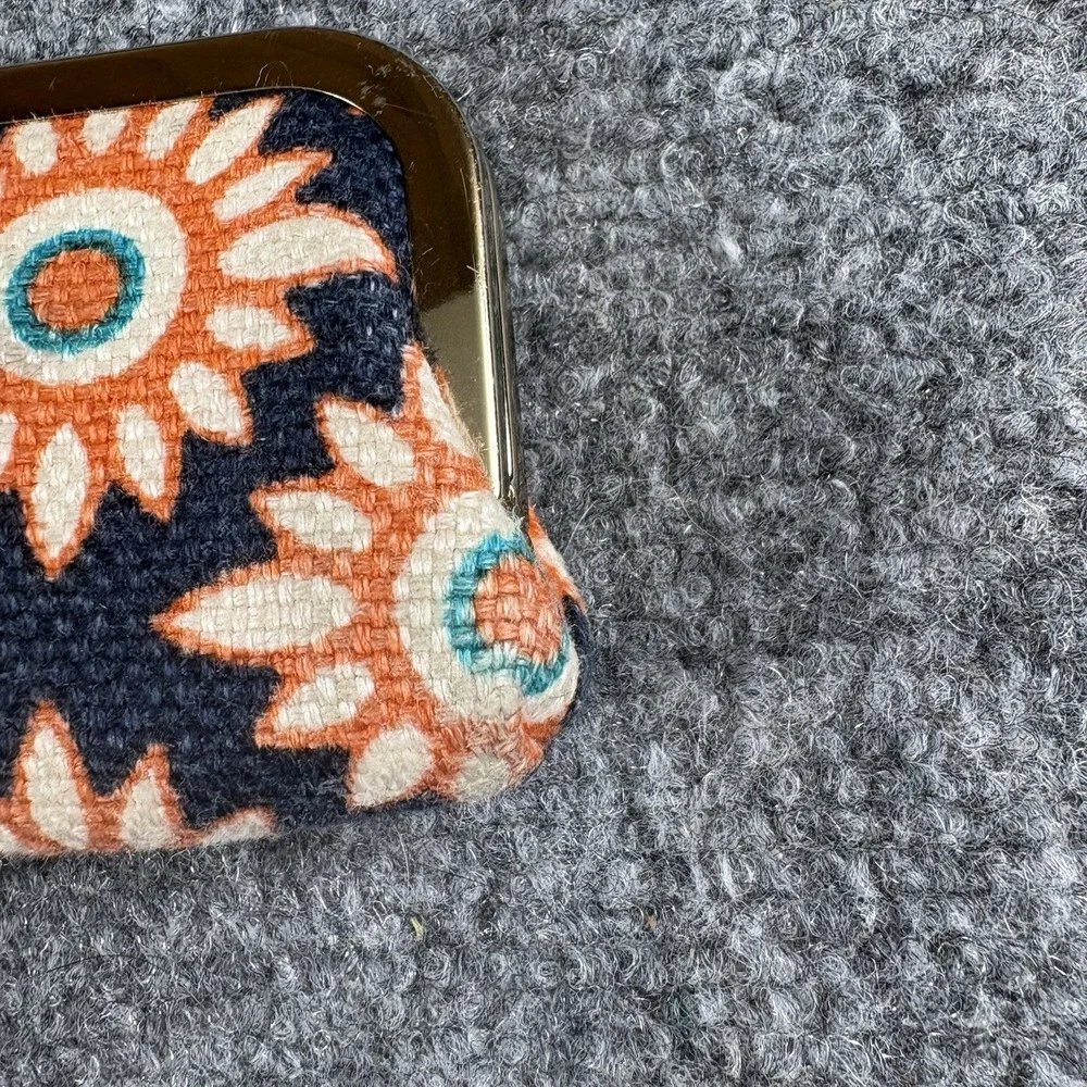 Spartina 449 Eyeglass Case Floral Linen Leather Clamshell Kiss Lock Navy Orange